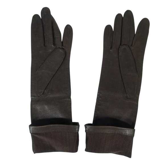 Vintage Kid Leather Gloves Dark Brown 3/4 Length Silk Lined Washable 6 1/2 - Picture 7 of 11